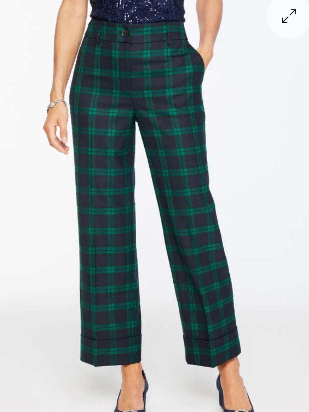 Talbots Straight Ankle Cuff Pants Black Green Plaid
